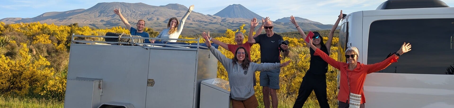 Views of Tongariro National Park, a happy small group with the van and trailer.