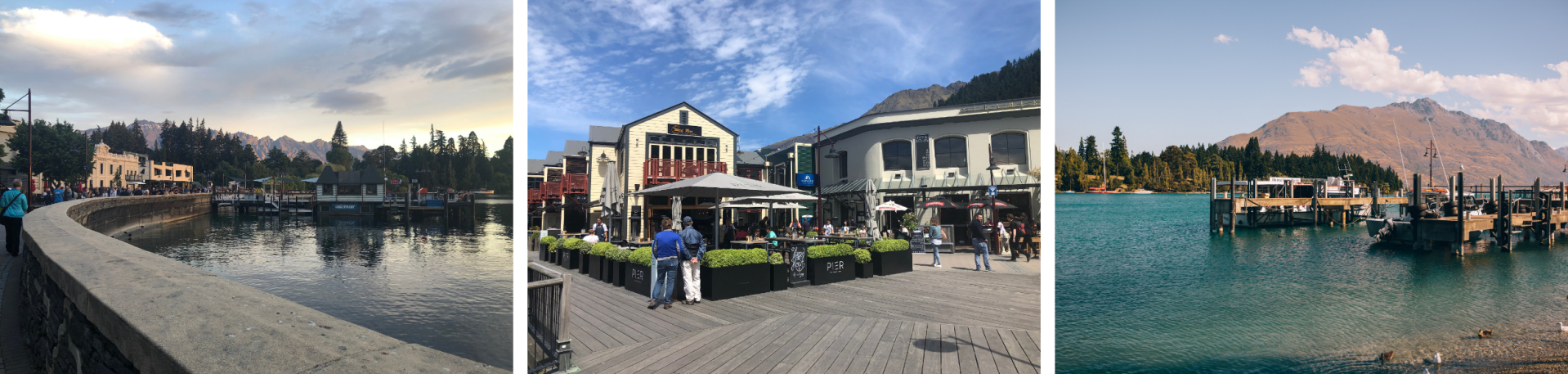 Queenstown waterfront bustling with lakeside shops, water activities and people.