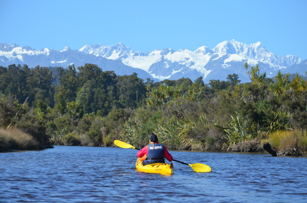 Okarito Lagoon's calm waters are well-suited to novice kayakers.