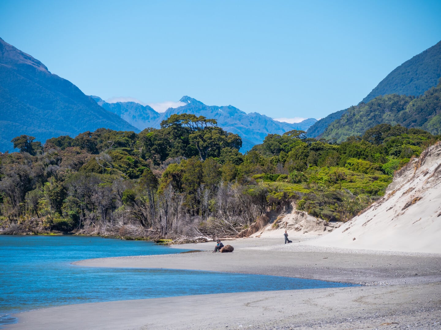Where the coast meets the mountains, Hollyford track negotiates the valley in the distance.