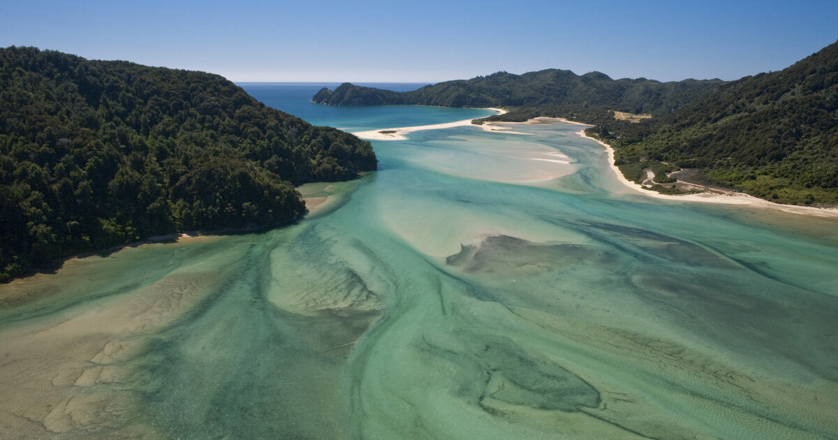 The vast Awaroa Inlet trail crossing point (at low tide!) | Hiking New ...