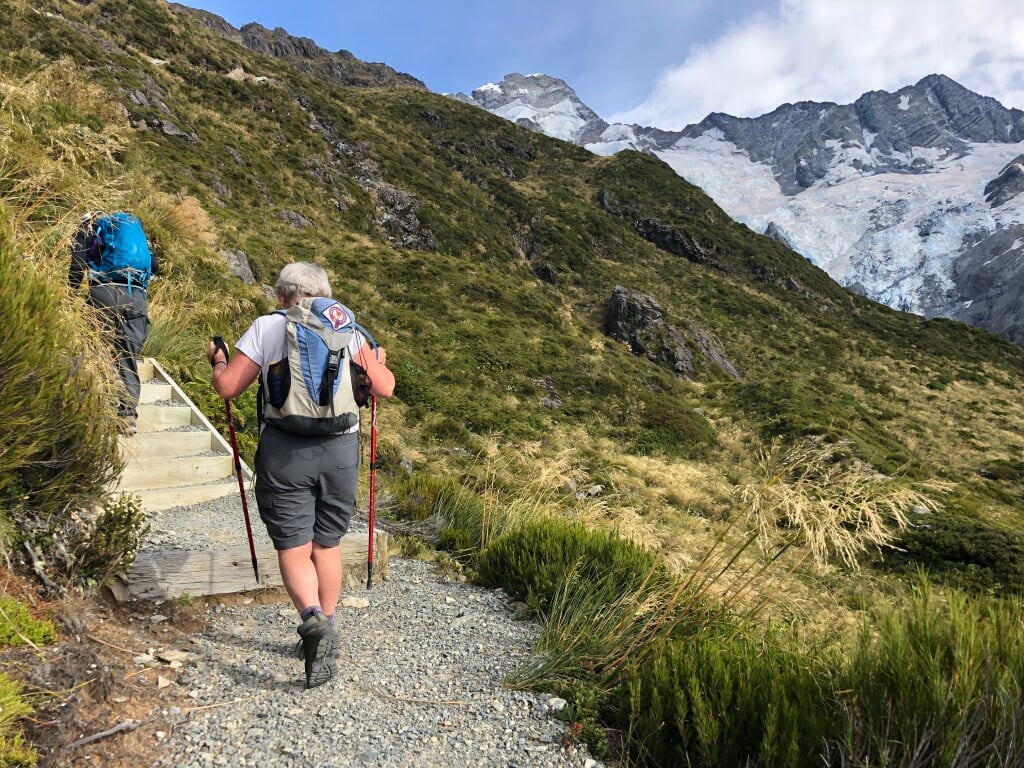 Hike up 1700 steps to get 360 degree views of glaciers and Aoraki/Mt Cook.