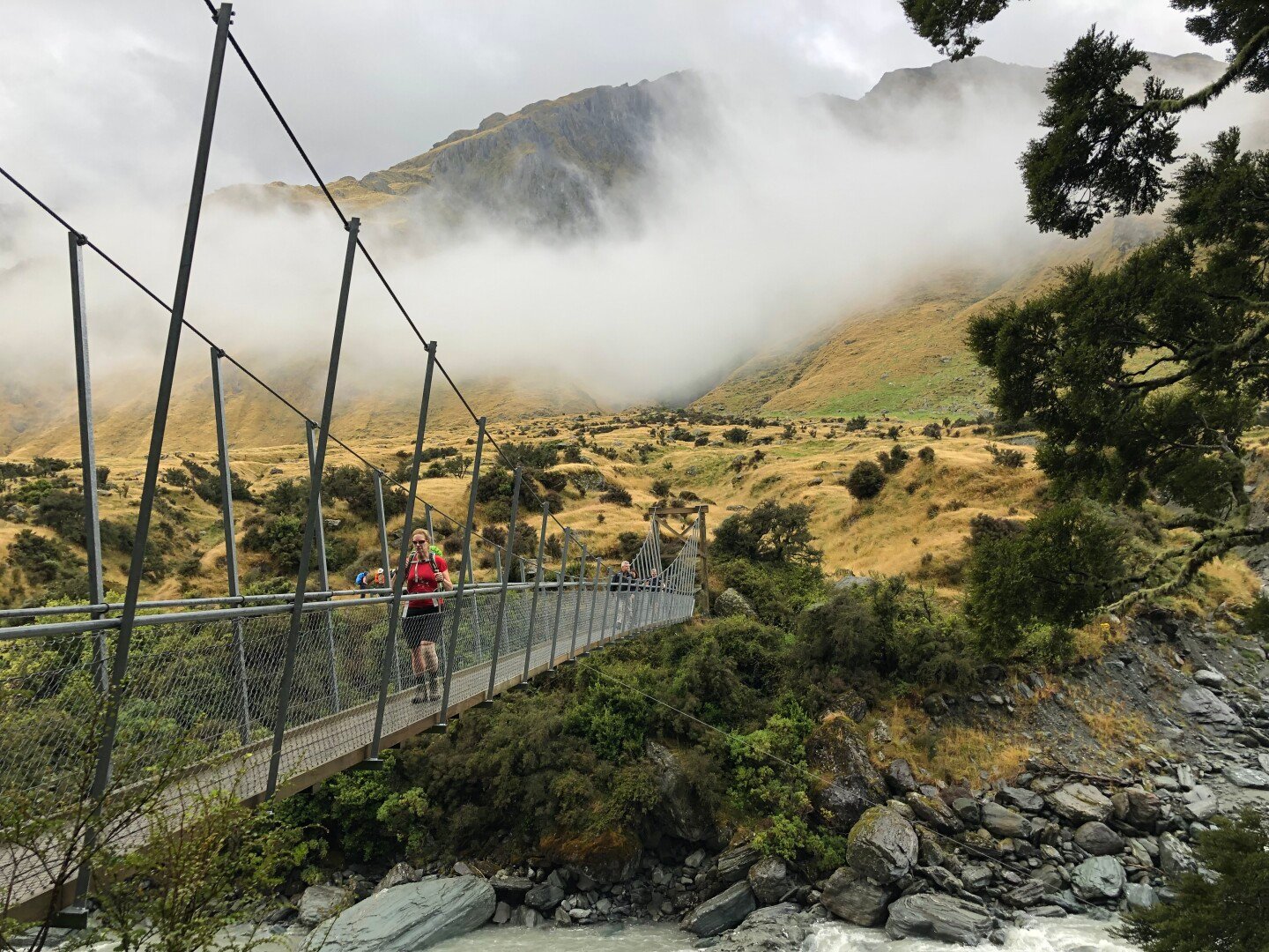 Cross the swing bridge above the West Matukituki River on your way to Rob Roy Glacier.