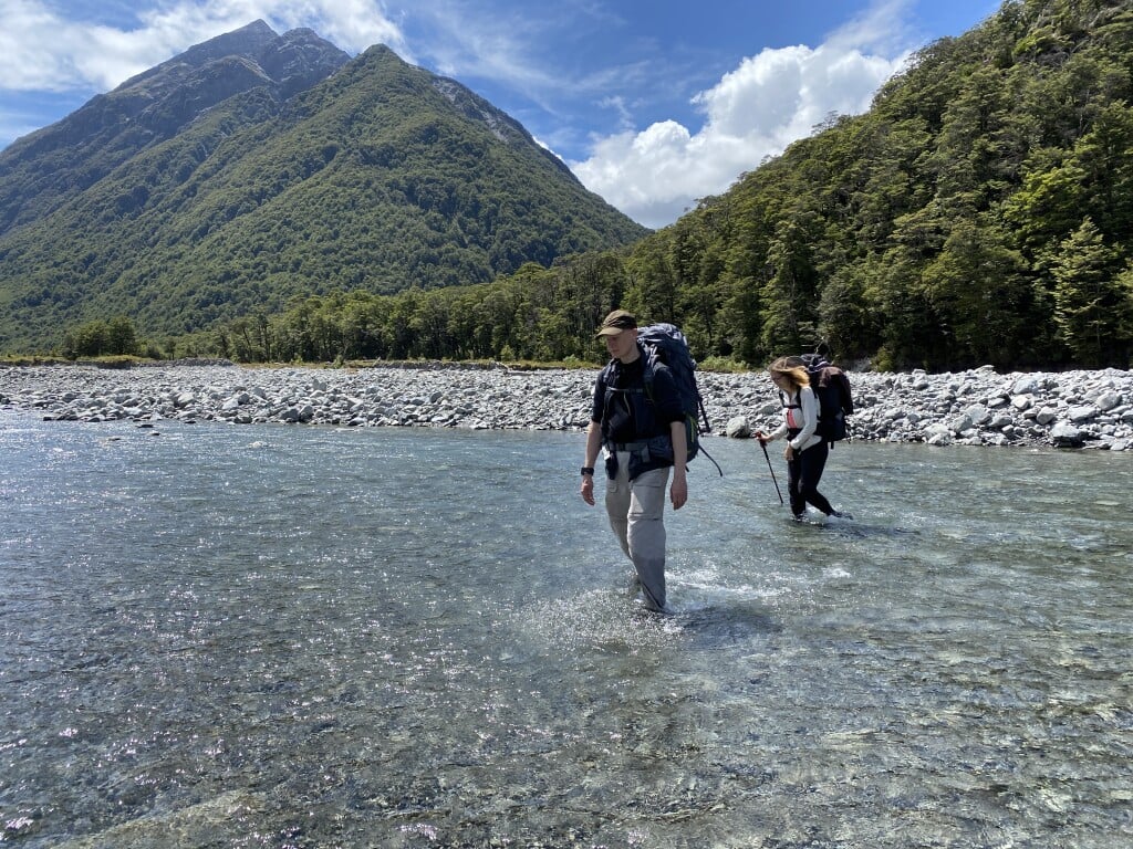 Crossing the Mingha River with Mt Williams in the background.