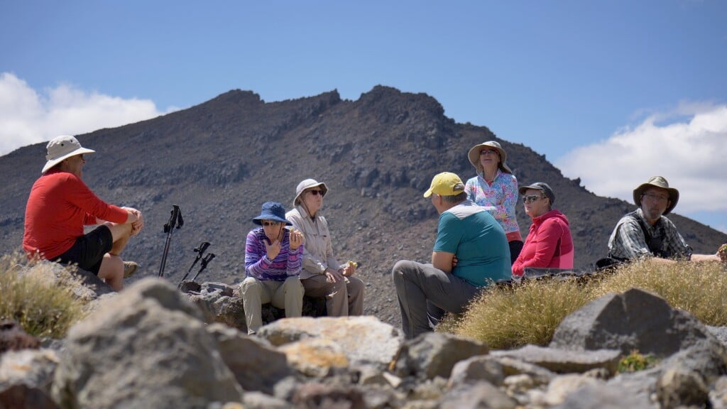 A hiking-style picnic lunch at Tongariro National Park during a day walk. 