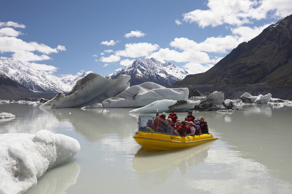 Fizzing around the new meltwater lake at the snout of Tasman Glacier.