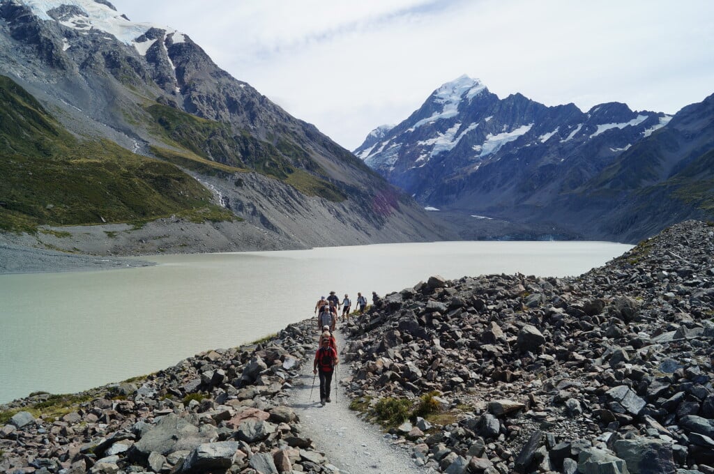Walking up to Hooker melt-water Lake with Mt Cook in the distance