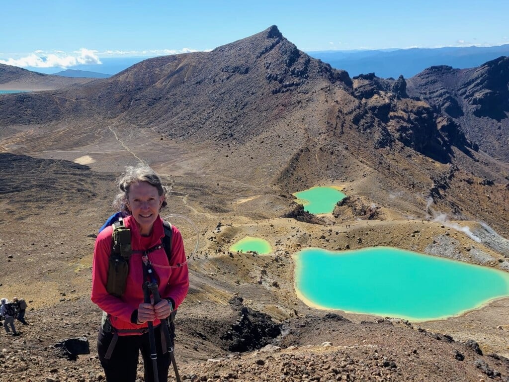 Looking north over Emerald Lakes from the summit of the Tongariro crossing