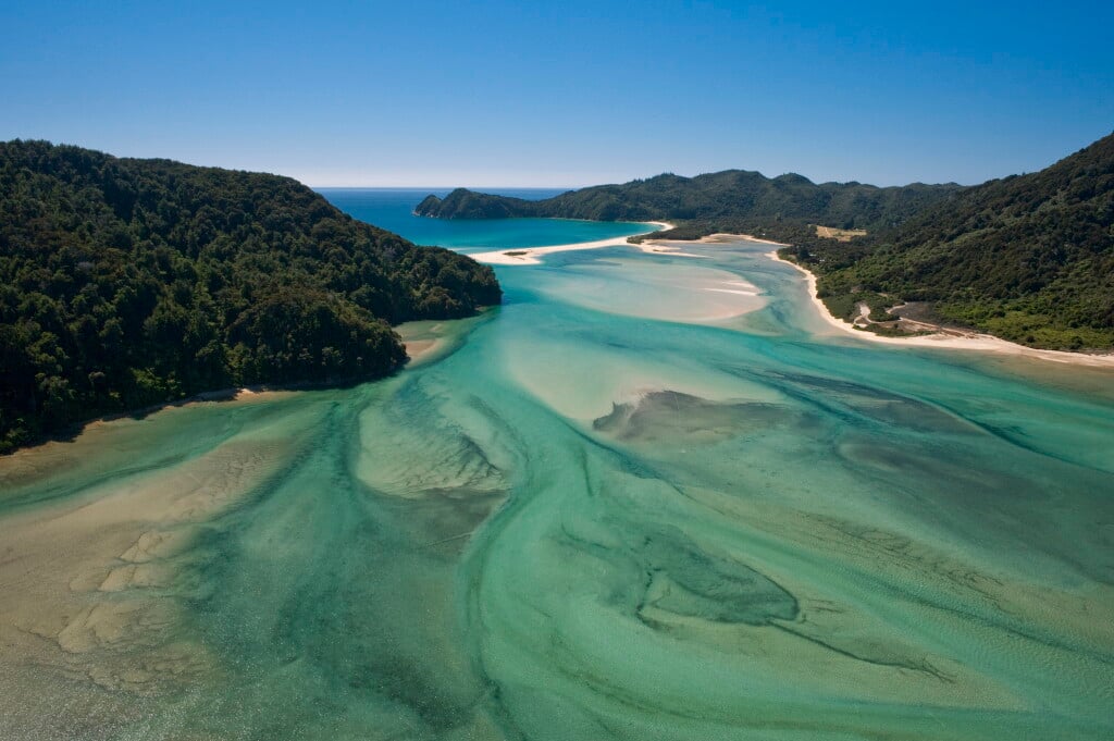 Discover the turquoise waters of the Awaroa Inlet.