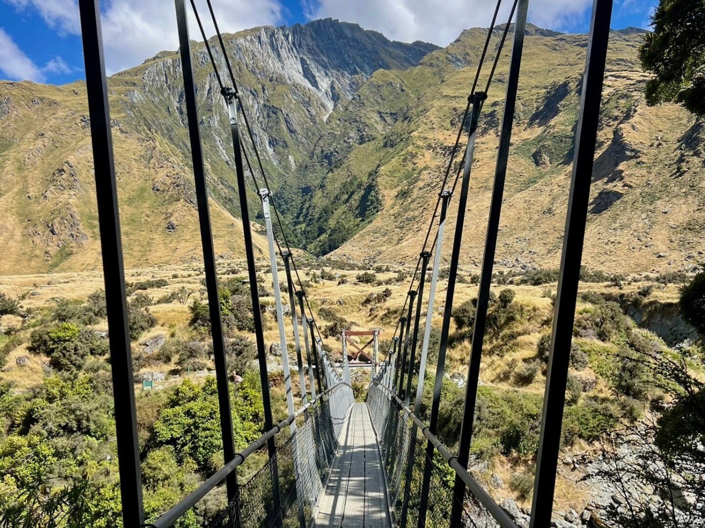 Pausing on the swingbridge to admire Mt Aspiring National Park's wild rivers and rugged peaks beyond.