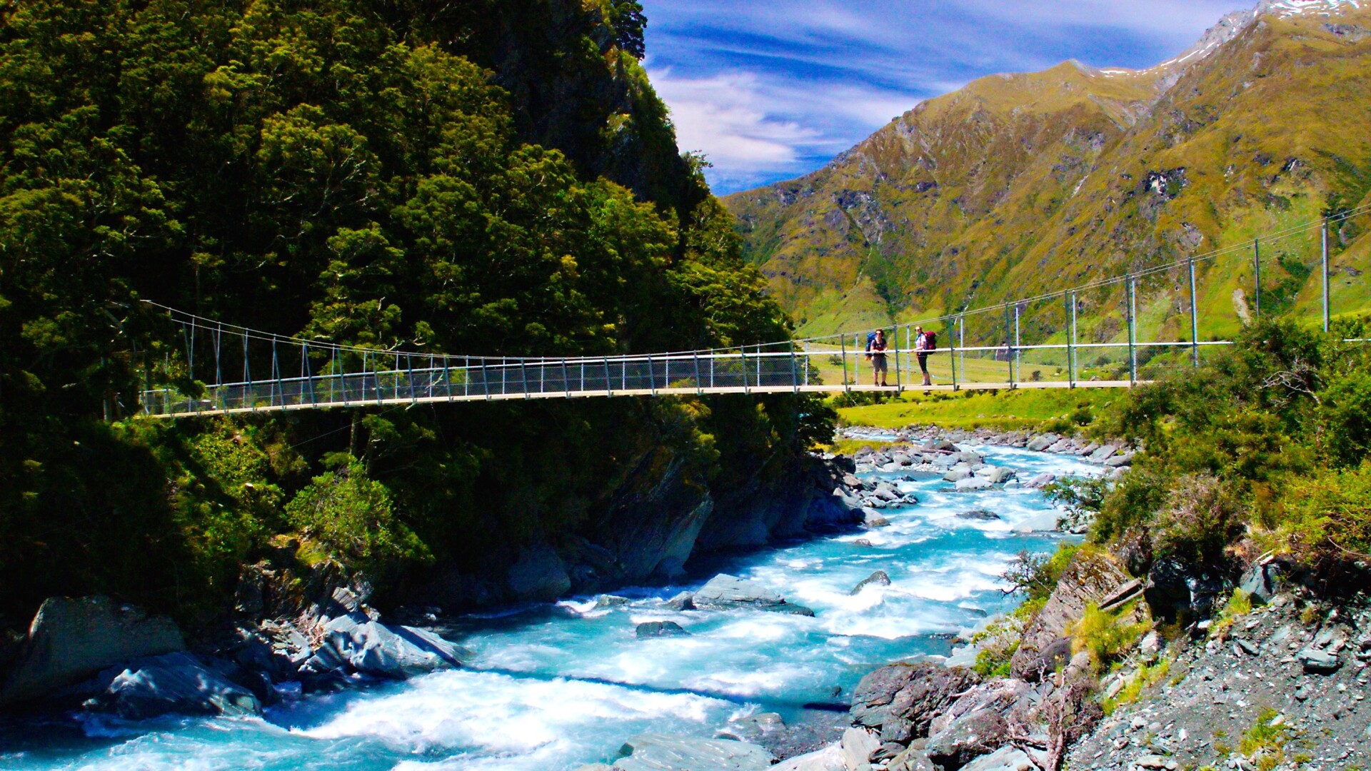 Cross the swing bridge above the West Matukituki River on your way to Rob Roy Glacier.