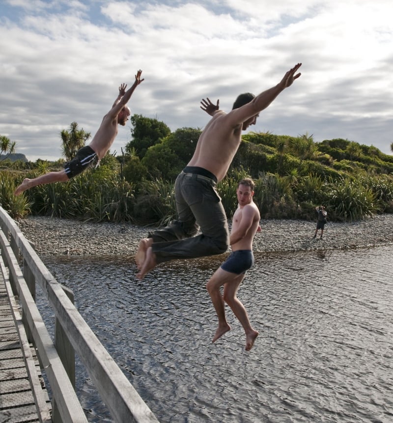Jumping off the bridge at 5 Mile Hike, Okarito, West Coast, let's play twister.